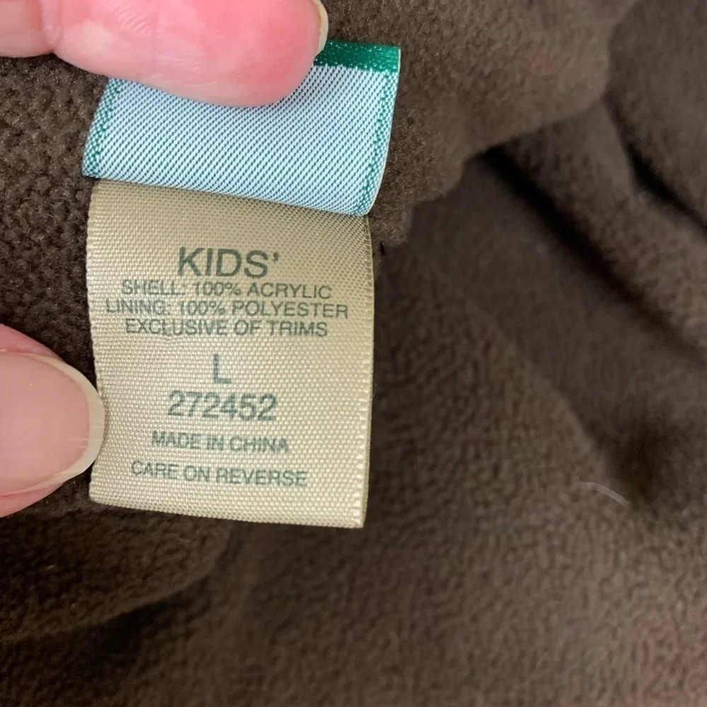 LL BEAN kids beanie hat fleece lined chocolate brown turquoise accent OSFM